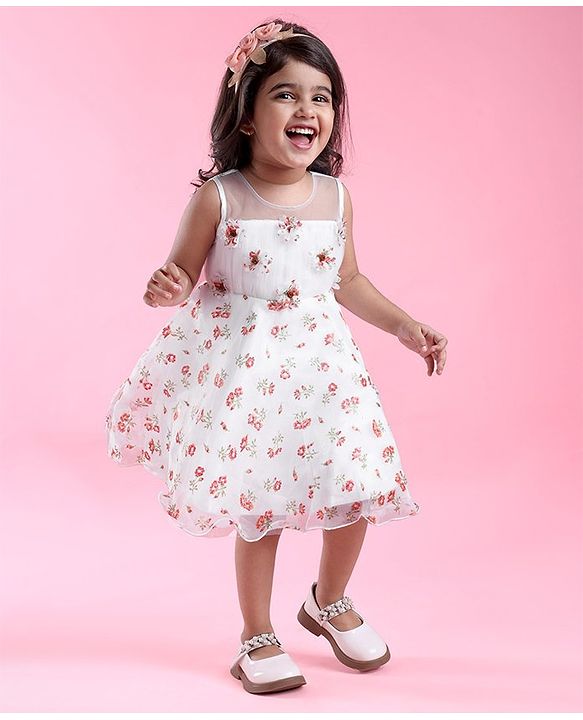 Babyhug Sleeveless Floral Printed & Applique Flared Party Dress - White