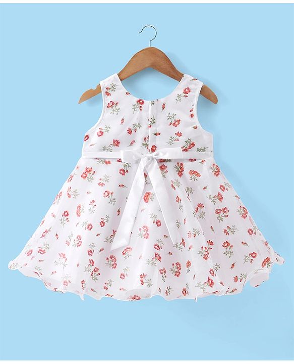 Babyhug Sleeveless Floral Printed & Applique Flared Party Dress - White