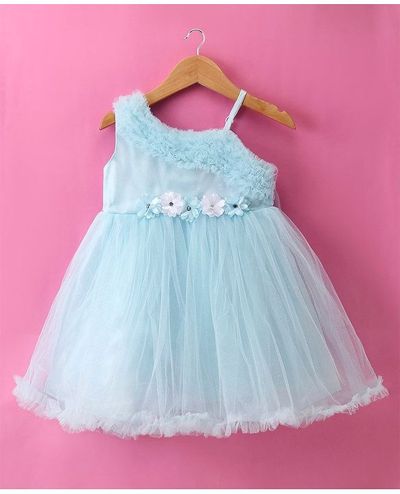 Babyhug Woven Sleeveless Floral Corsage Detailing Fit & Flared Party Frock - Light Blue