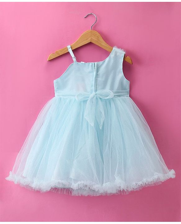 Babyhug Woven Sleeveless Floral Corsage Detailing Fit & Flared Party Frock - Light Blue