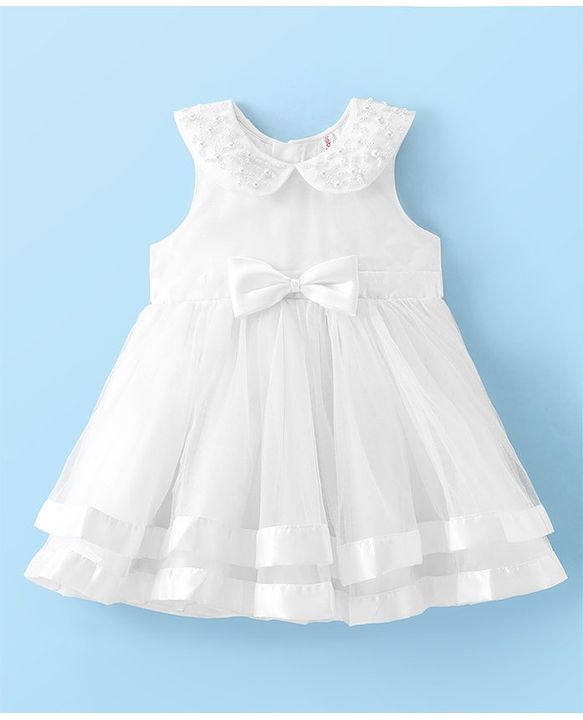 Babyhug Sleeveless Party Fit & Flare  Frock with Pearl Detailing  & Bow Applique - White