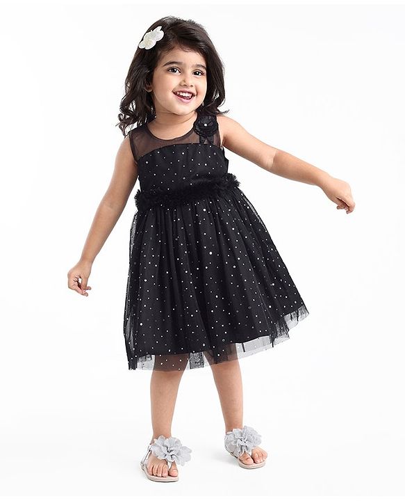Babyhug Sleeveless Embellished Dress with Corsage Applique - Black