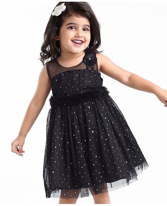 Babyhug Sleeveless Embellished Dress with Corsage Applique - Black
