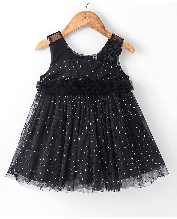 Babyhug Sleeveless Embellished Dress with Corsage Applique - Black