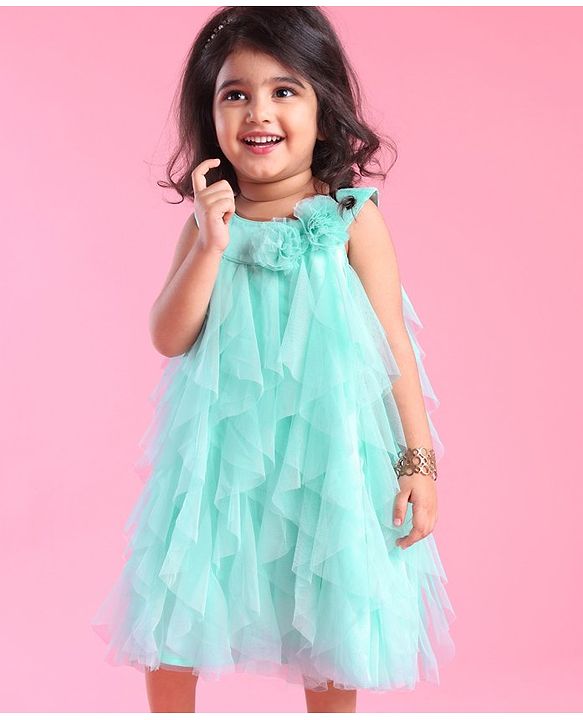 Babyhug Woven Sleeveless Party Wear Frilled Dress With Floral Applique - Mint Blue