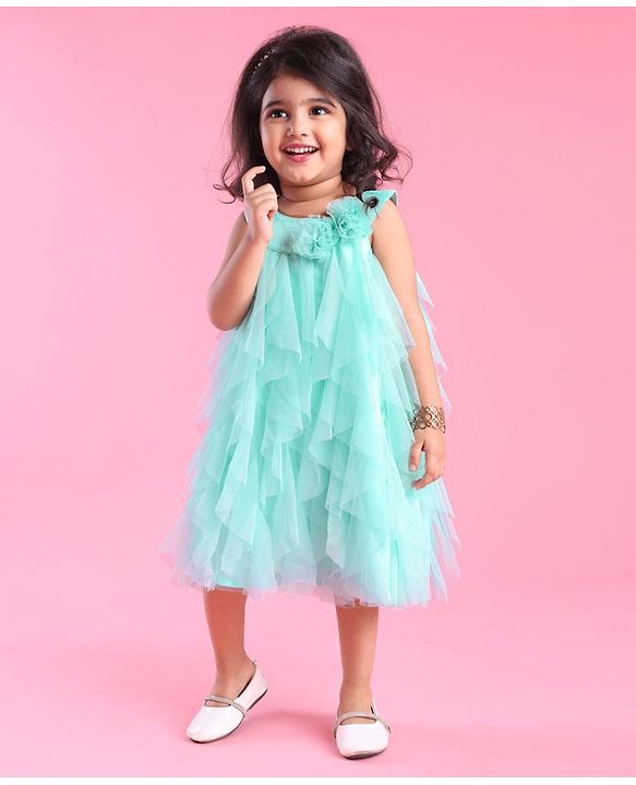Babyhug Woven Sleeveless Party Wear Frilled Dress With Floral Applique - Mint Blue