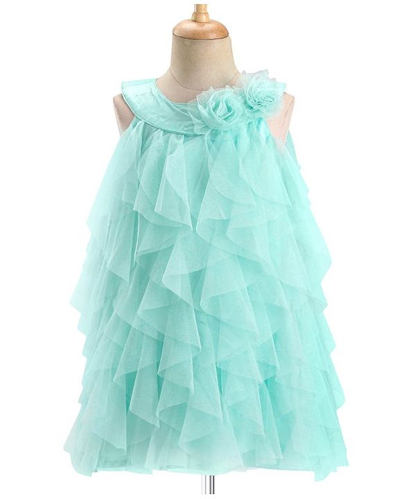 Babyhug Woven Sleeveless Party Wear Frilled Dress With Floral Applique - Mint Blue
