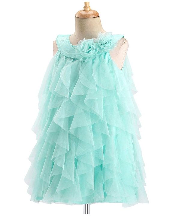 Babyhug Woven Sleeveless Party Wear Frilled Dress With Floral Applique - Mint Blue