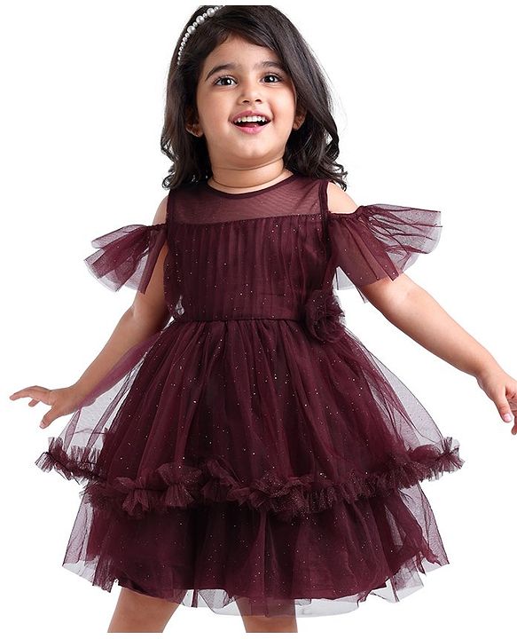 Babyhug Cold Shoulder Sleeves Shimmered Fit & Flare Party Frock with Floral Applique  - Maroon