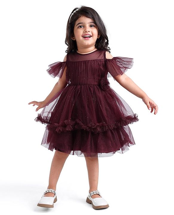 Babyhug Cold Shoulder Sleeves Shimmered Fit & Flare Party Frock with Floral Applique  - Maroon