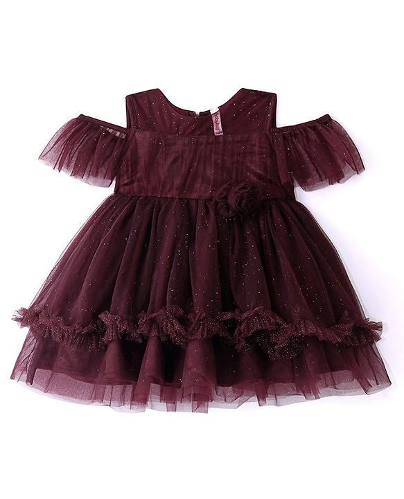 Babyhug Cold Shoulder Sleeves Shimmered Fit & Flare Party Frock with Floral Applique  - Maroon