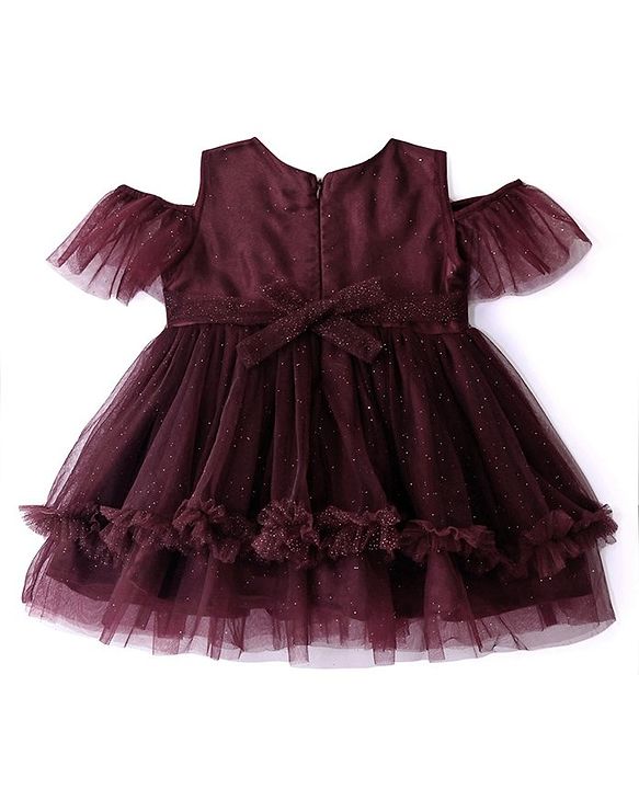 Babyhug Cold Shoulder Sleeves Shimmered Fit & Flare Party Frock with Floral Applique  - Maroon