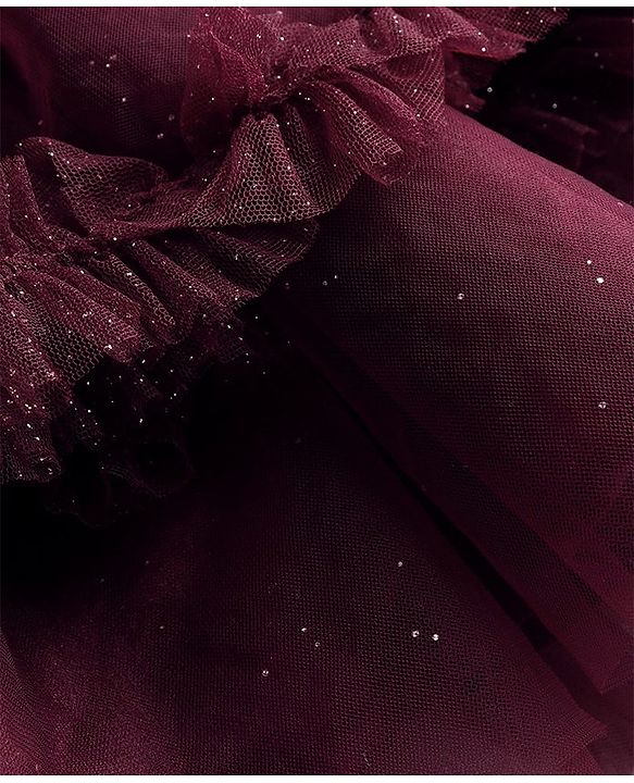 Babyhug Cold Shoulder Sleeves Shimmered Fit & Flare Party Frock with Floral Applique  - Maroon