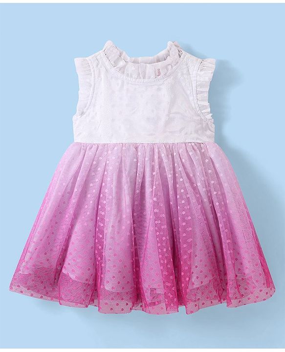Babyhug Woven Sleeveless Fit and Flare Party Frock With Swiss Dot Mesh -Fuchsia
