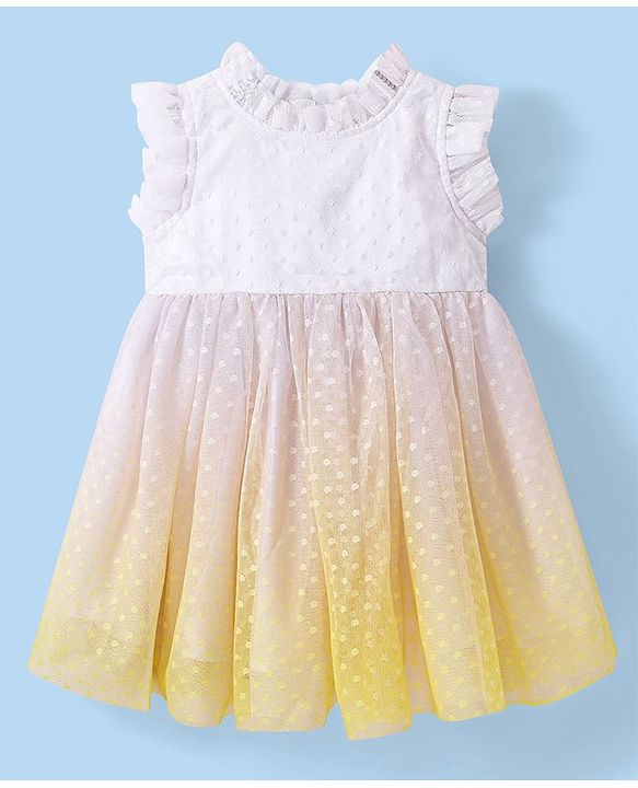 Babyhug Woven Sleeveless Fit and Flare Party Frock With Swiss Dot Mesh -Yellow