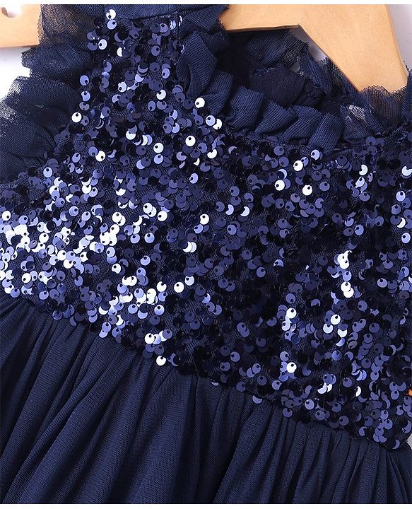 Babyhug Sleeveless Fit & Flare Party Frock with Sequinned Yoke Detailing - Navy Blue