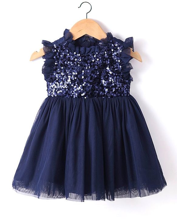 Babyhug Sleeveless Fit & Flare Party Frock with Sequinned Yoke Detailing - Navy Blue
