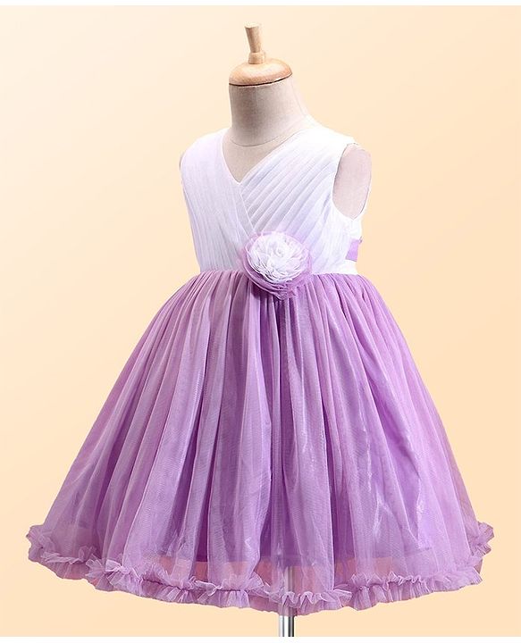 Babyhug Woven Sleeveless Fit and Flare Party Frock with Pleated Yoke & Floral Applique-Lavender & White