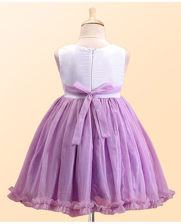 Babyhug Woven Sleeveless Fit and Flare Party Frock with Pleated Yoke & Floral Applique-Lavender & White