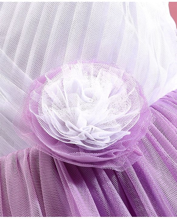 Babyhug Woven Sleeveless Fit and Flare Party Frock with Pleated Yoke & Floral Applique-Lavender & White