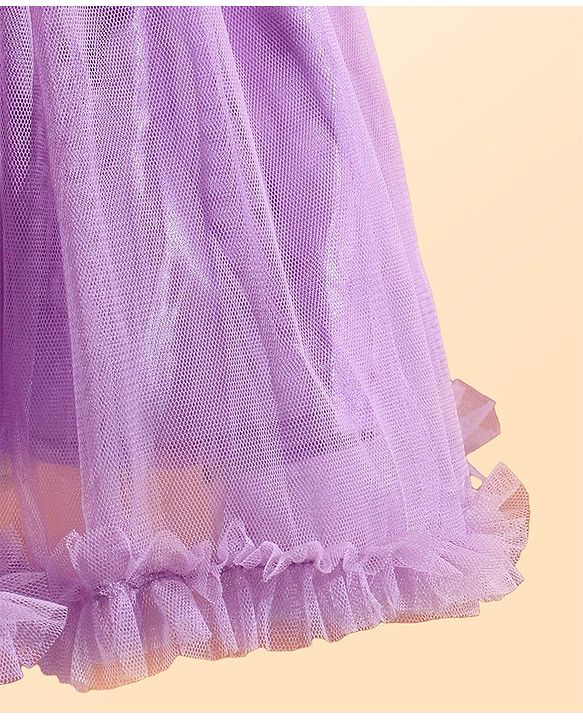 Babyhug Woven Sleeveless Fit and Flare Party Frock with Pleated Yoke & Floral Applique-Lavender & White