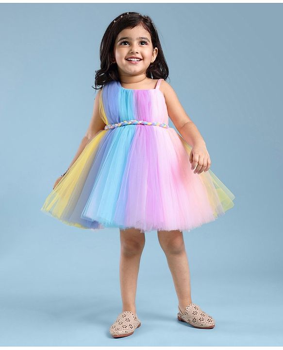 Babyhug Woven Sleeveless Fit and Flare One Shoulder Solid Color Party Frock -Multicolor