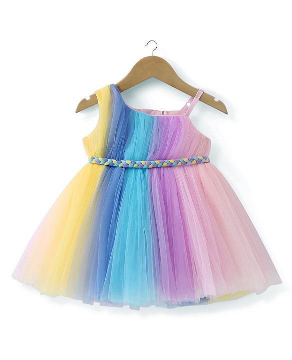 Babyhug Woven Sleeveless Fit and Flare One Shoulder Solid Color Party Frock -Multicolor