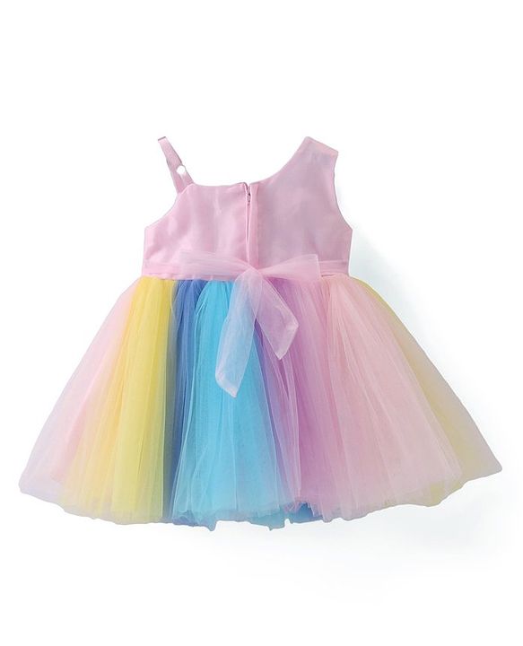 Babyhug Woven Sleeveless Fit and Flare One Shoulder Solid Color Party Frock -Multicolor