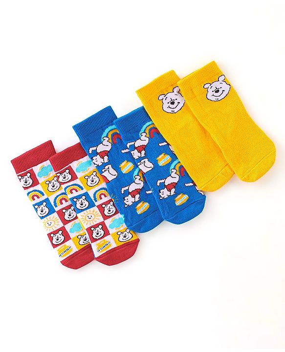 Cute Walk by Babyhug Cotton Disney Non Terry Anti-Bacterial Ankle Length Socks Winnie the Pooh Graphics Pack of 3- Multicolor