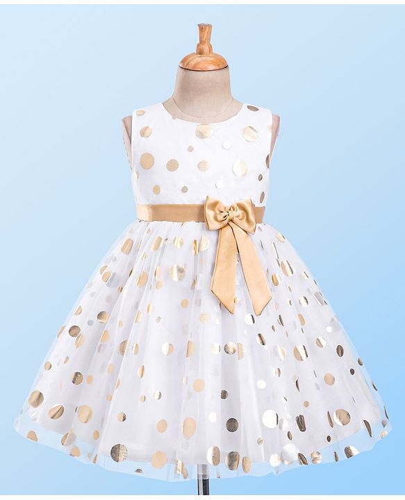 Babyhug Sleeveless Party Dress With Foil Print & Bow Detailing - White