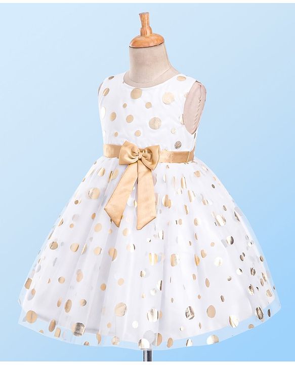Babyhug Sleeveless Party Dress With Foil Print & Bow Detailing - White