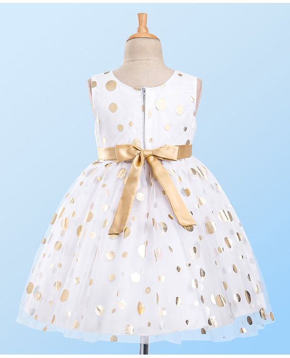 Babyhug Sleeveless Party Dress With Foil Print & Bow Detailing - White