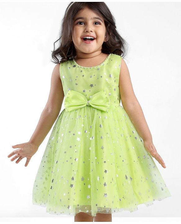 Babyhug Woven Sleeveless Star Foil Printed Party Frock with Bow Applique - Neon Green