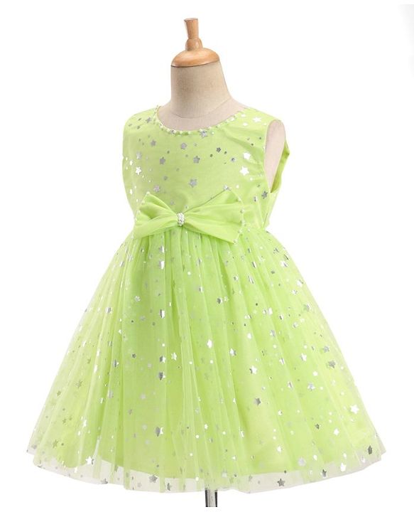 Babyhug Woven Sleeveless Star Foil Printed Party Frock with Bow Applique - Neon Green