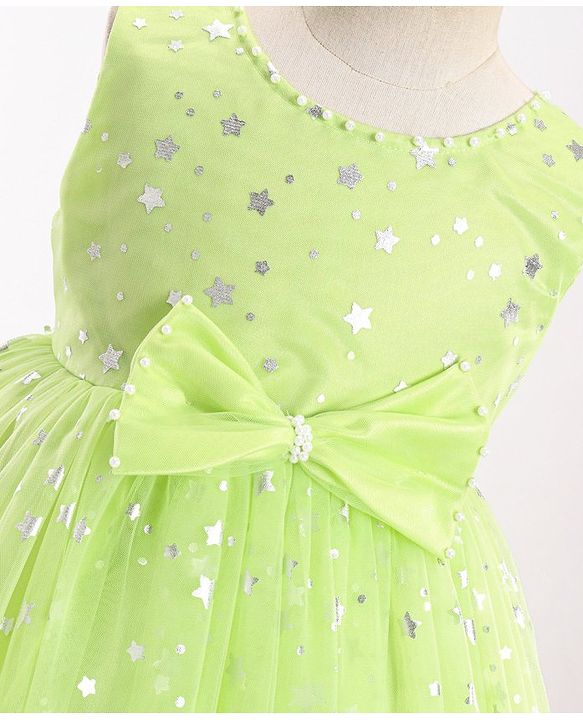 Babyhug Woven Sleeveless Star Foil Printed Party Frock with Bow Applique - Neon Green
