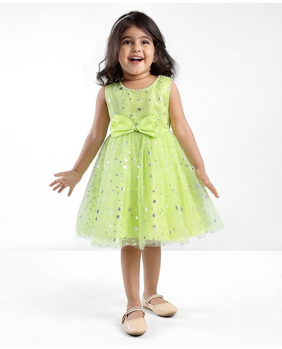 Babyhug Woven Sleeveless Star Foil Printed Party Frock with Bow Applique - Neon Green
