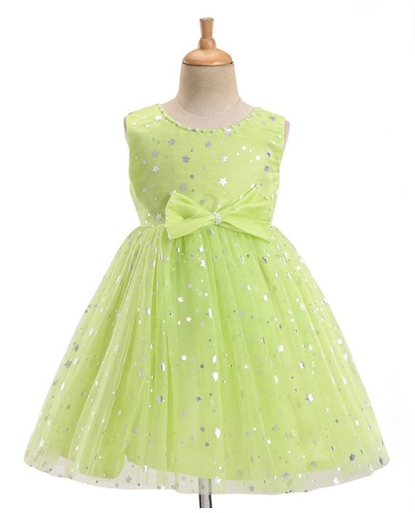Babyhug Woven Sleeveless Star Foil Printed Party Frock with Bow Applique - Neon Green