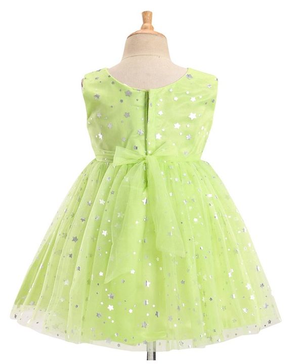 Babyhug Woven Sleeveless Star Foil Printed Party Frock with Bow Applique - Neon Green