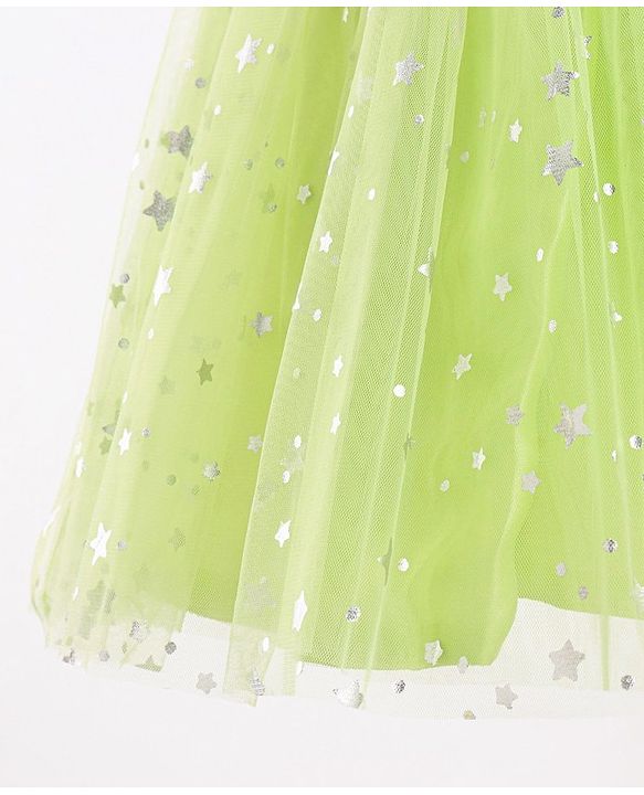 Babyhug Woven Sleeveless Star Foil Printed Party Frock with Bow Applique - Neon Green