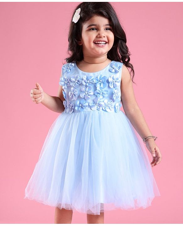 Babyhug Sleeveless Fit & Flared  Party Frock with 3D Floral Applique Pearl Detailing - Blue