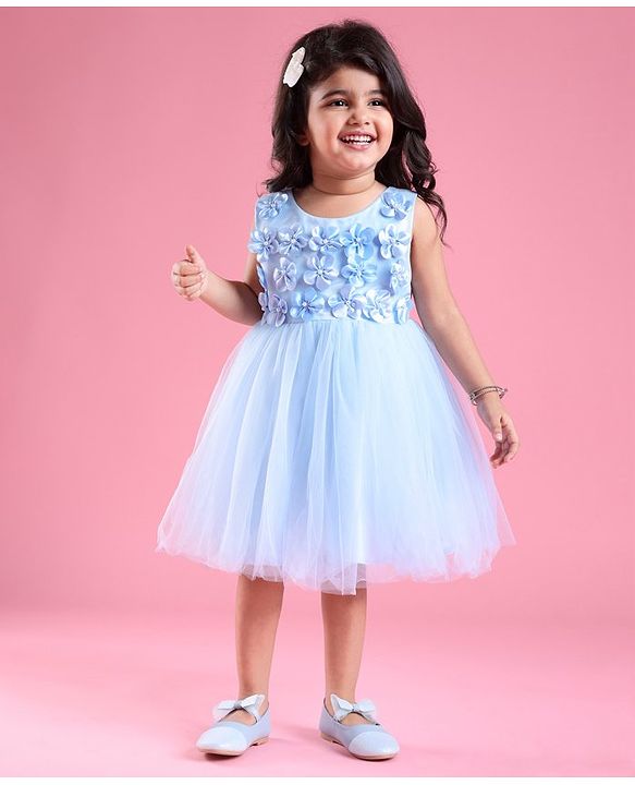 Babyhug Sleeveless Fit & Flared  Party Frock with 3D Floral Applique Pearl Detailing - Blue