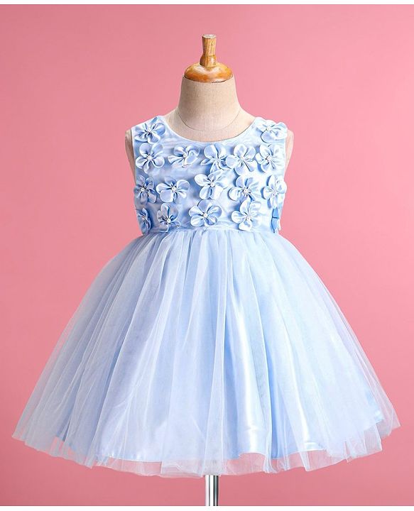 Babyhug Sleeveless Fit & Flared  Party Frock with 3D Floral Applique Pearl Detailing - Blue