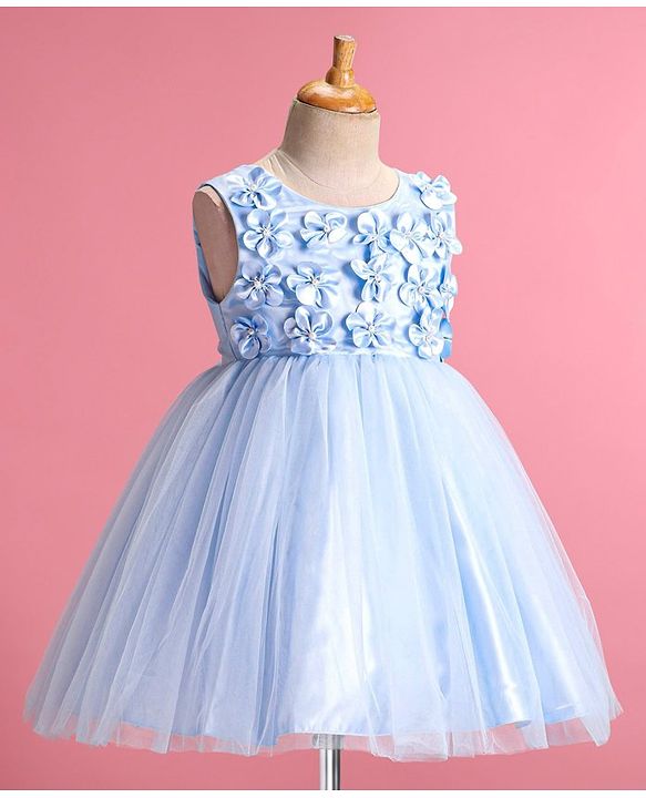 Babyhug Sleeveless Fit & Flared  Party Frock with 3D Floral Applique Pearl Detailing - Blue