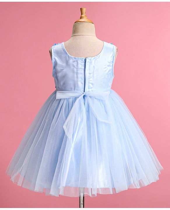 Babyhug Sleeveless Fit & Flared  Party Frock with 3D Floral Applique Pearl Detailing - Blue