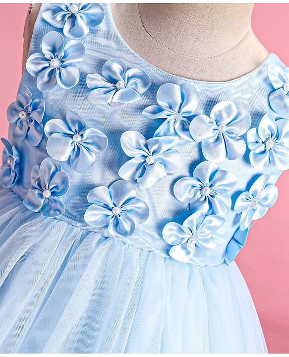 Babyhug Sleeveless Fit & Flared  Party Frock with 3D Floral Applique Pearl Detailing - Blue