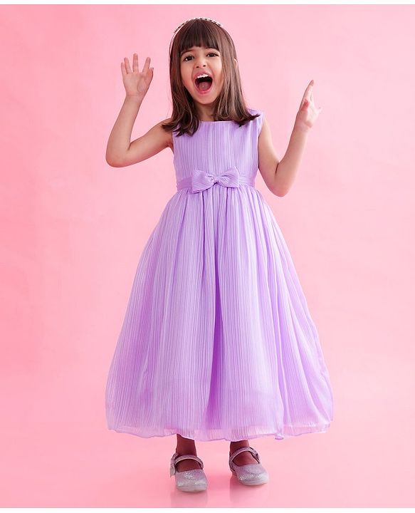 Babyhug Woven Sleeveless Party Gown with Bow Applique & Stripe Design-Lavender
