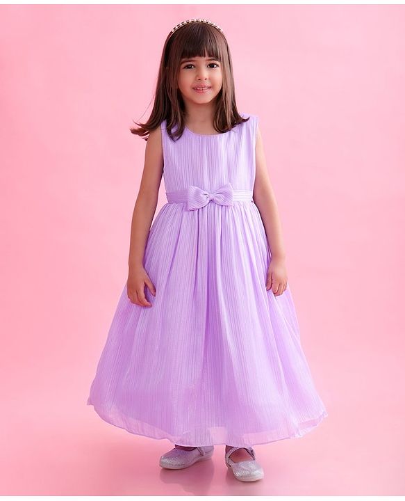 Babyhug Woven Sleeveless Party Gown with Bow Applique & Stripe Design-Lavender