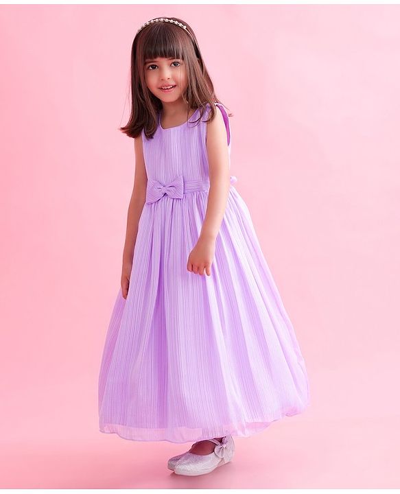 Babyhug Woven Sleeveless Party Gown with Bow Applique & Stripe Design-Lavender