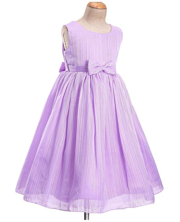 Babyhug Woven Sleeveless Party Gown with Bow Applique & Stripe Design-Lavender