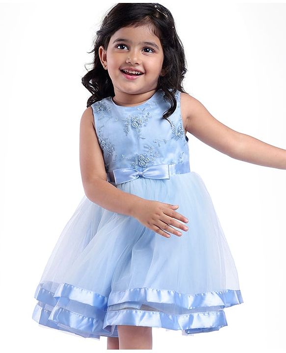 Babyhug Woven Sleeveless Floral Embroidered Party Wear Frock with Bow Applique - Blue